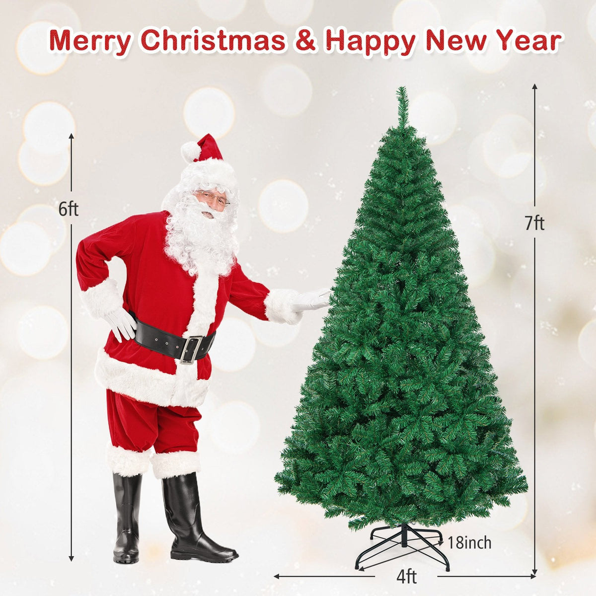 7 FT Unlit Hinged Artificial Christmas Tree with 950 PVC Tips and a Solid Metal Stand