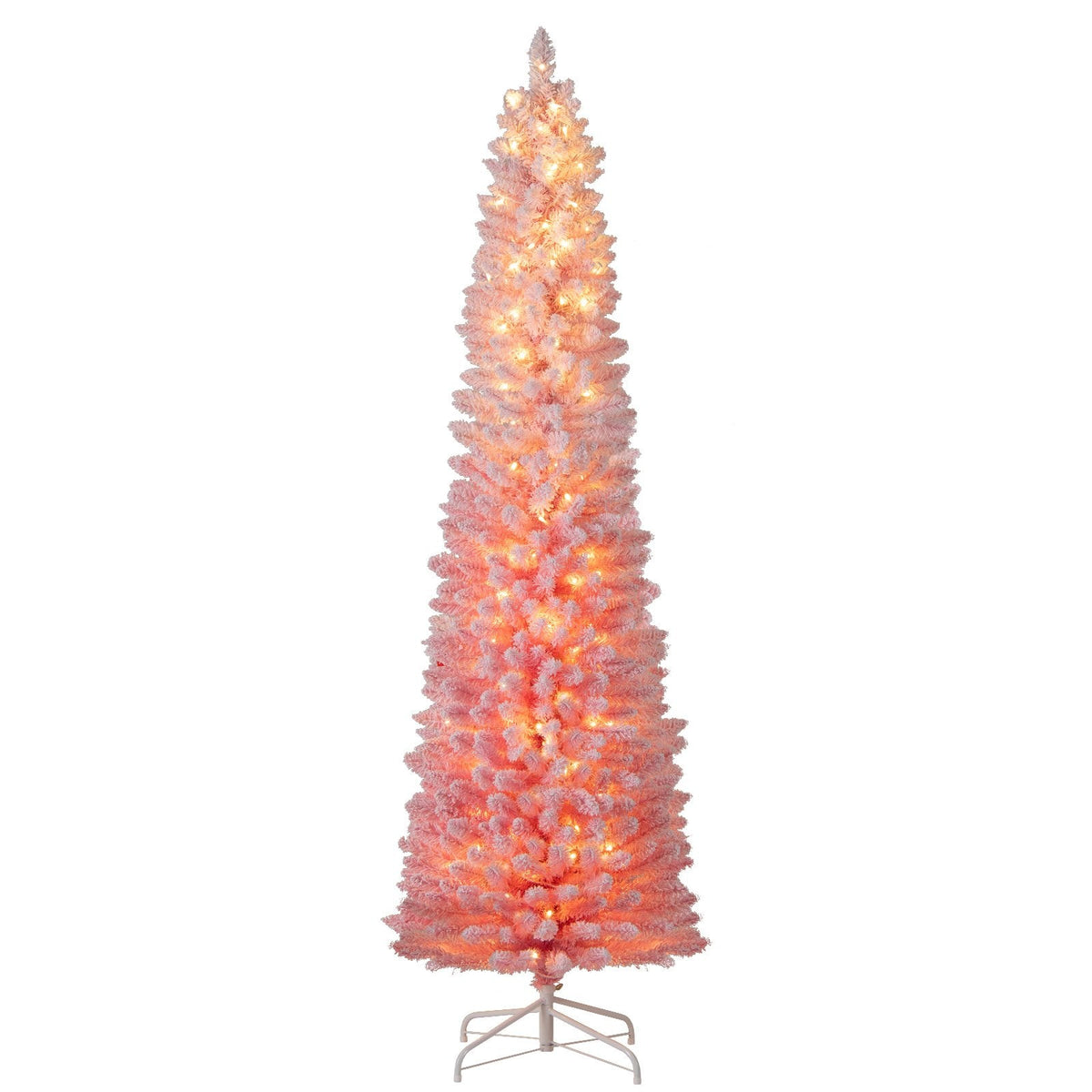 7 FT Pink Snow Flocked Pre-Lit Pencil Christmas Tree, 527 Tips, 180 Warm White LEDs, 8 Light Modes