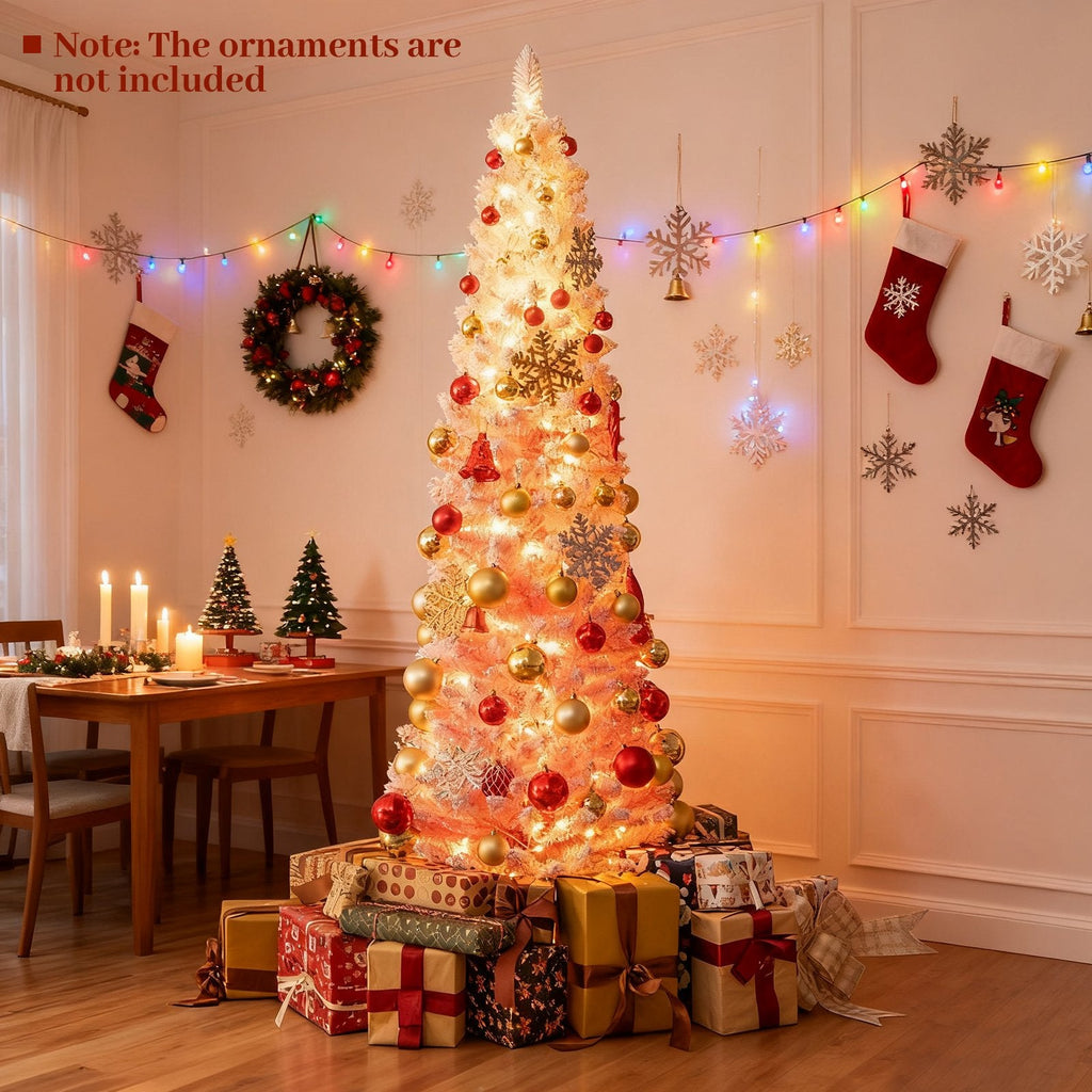7 FT Pink Snow Flocked Pre-Lit Pencil Christmas Tree, 527 Tips, 180 Warm White LEDs, 8 Light Modes
