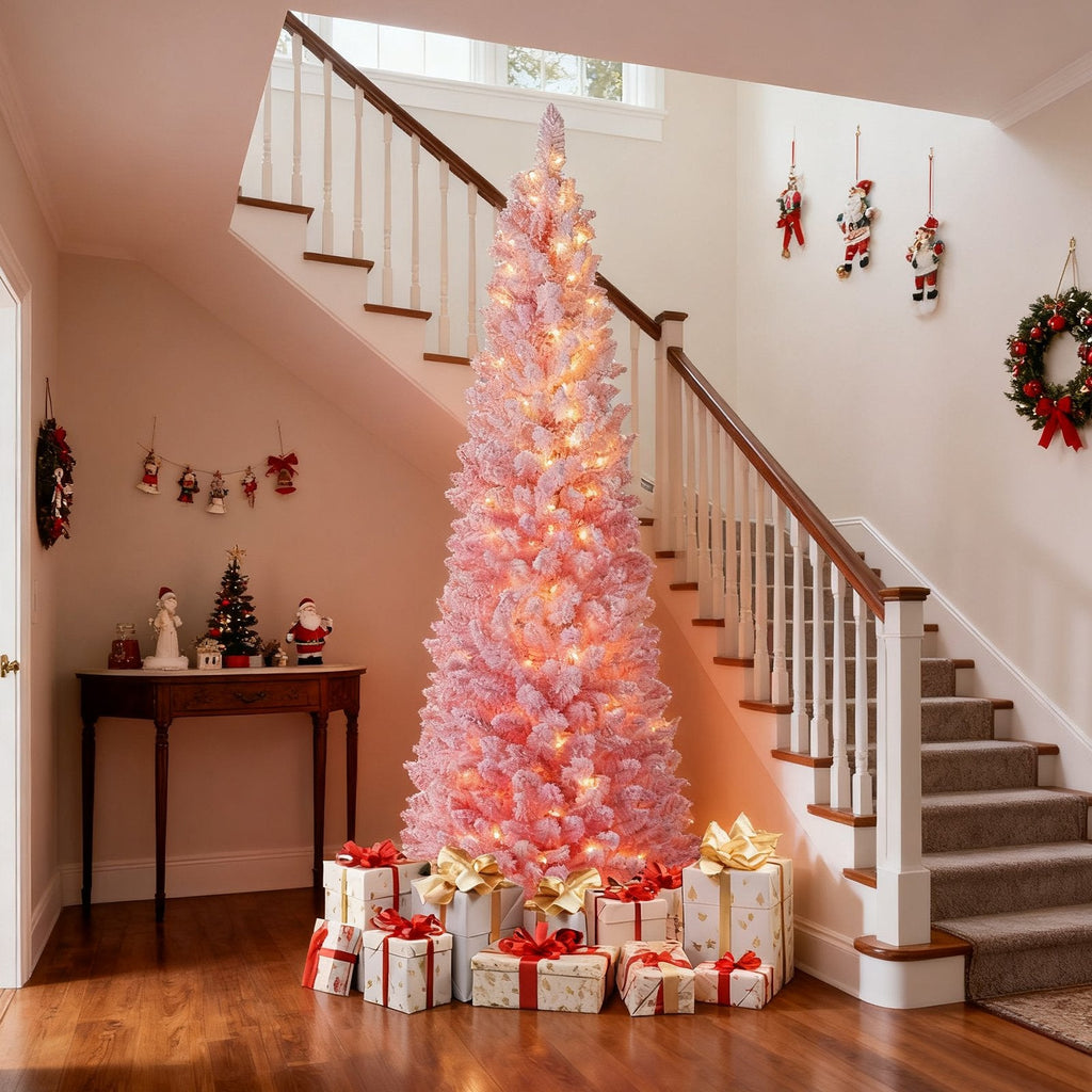 7 FT Pink Snow Flocked Pre-Lit Pencil Christmas Tree, 527 Tips, 180 Warm White LEDs, 8 Light Modes