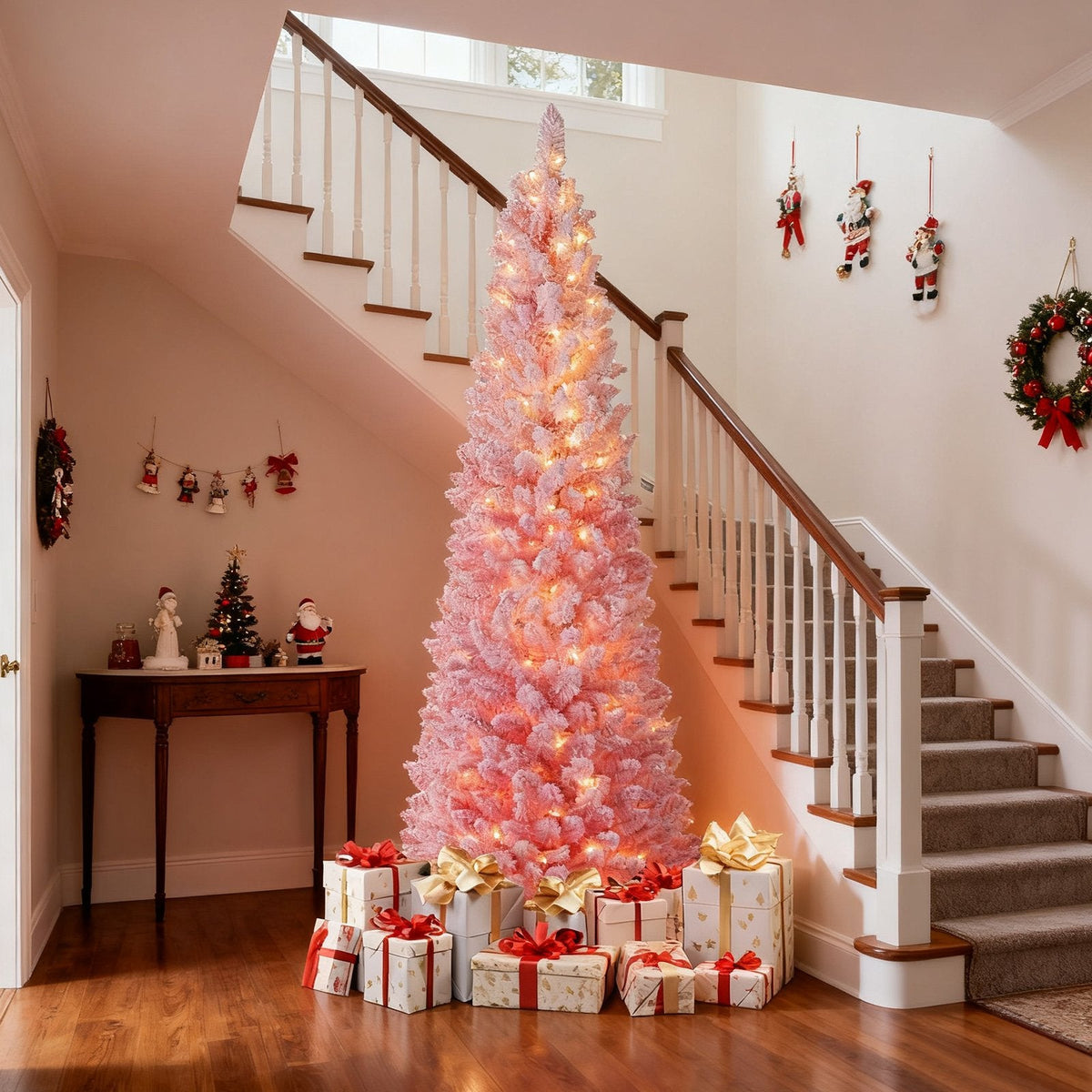 7 FT Pink Snow Flocked Pre-Lit Pencil Christmas Tree, 527 Tips, 180 Warm White LEDs, 8 Light Modes