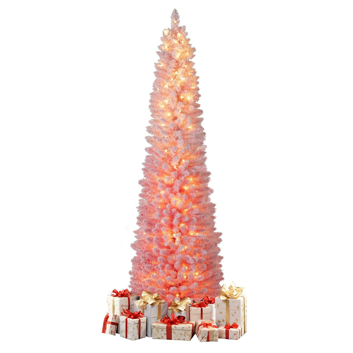 7 FT Pink Snow Flocked Pre-Lit Pencil Christmas Tree, 527 Tips, 180 Warm White LEDs, 8 Light Modes
