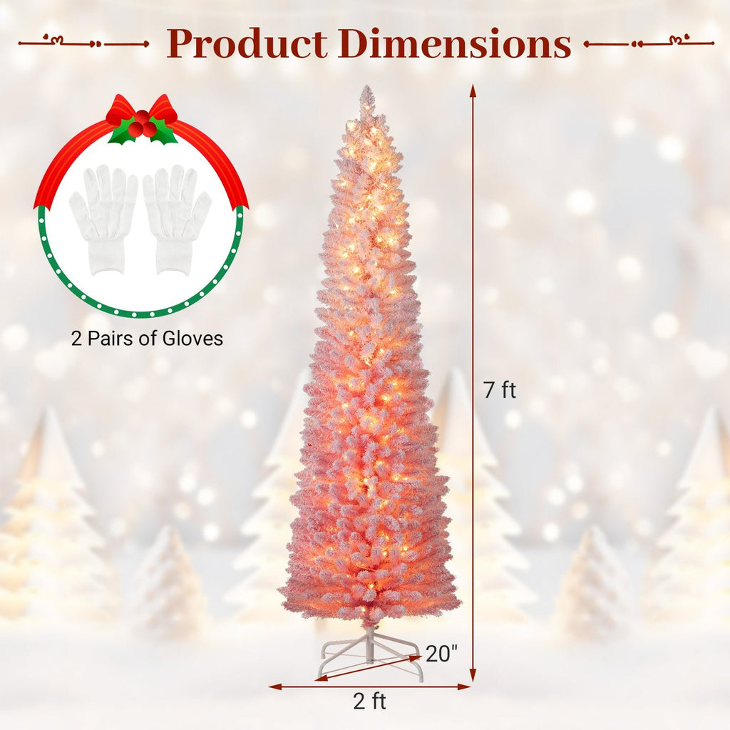 7 FT Pink Snow Flocked Pre-Lit Pencil Christmas Tree, 527 Tips, 180 Warm White LEDs, 8 Light Modes