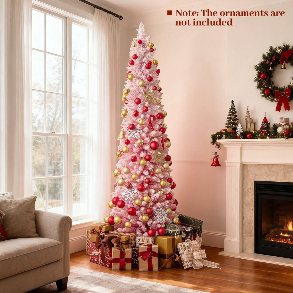 7 FT Pink Snow Flocked Pre-Lit Pencil Christmas Tree, 527 Tips, 180 Warm White LEDs, 8 Light Modes