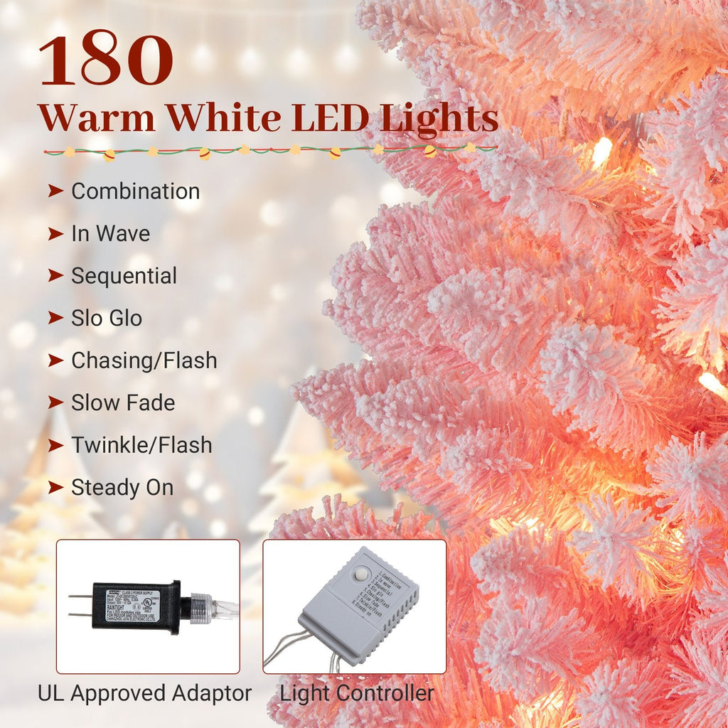 7 FT Pink Snow Flocked Pre-Lit Pencil Christmas Tree, 527 Tips, 180 Warm White LEDs, 8 Light Modes