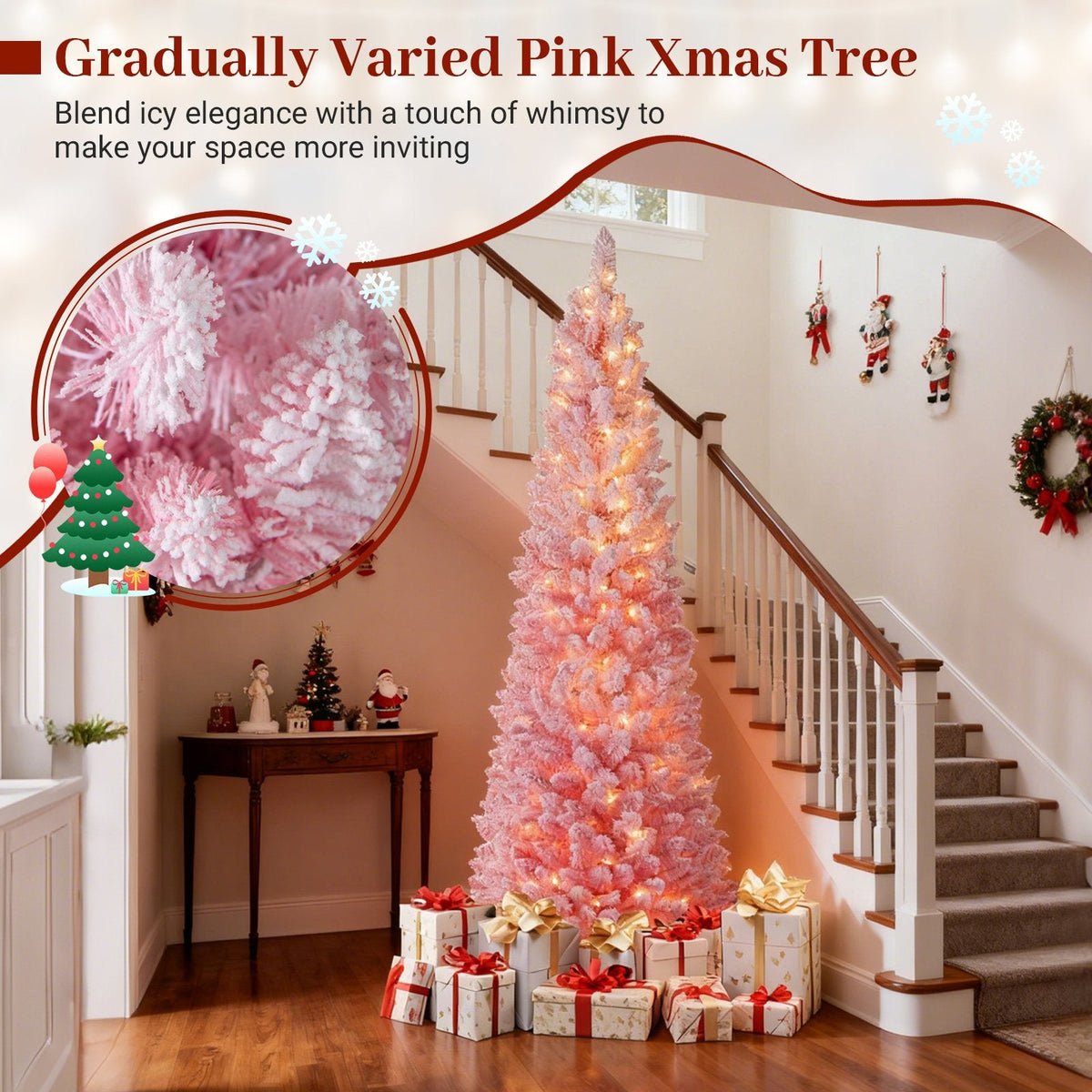 7 FT Pink Snow Flocked Pre-Lit Pencil Christmas Tree, 527 Tips, 180 Warm White LEDs, 8 Light Modes