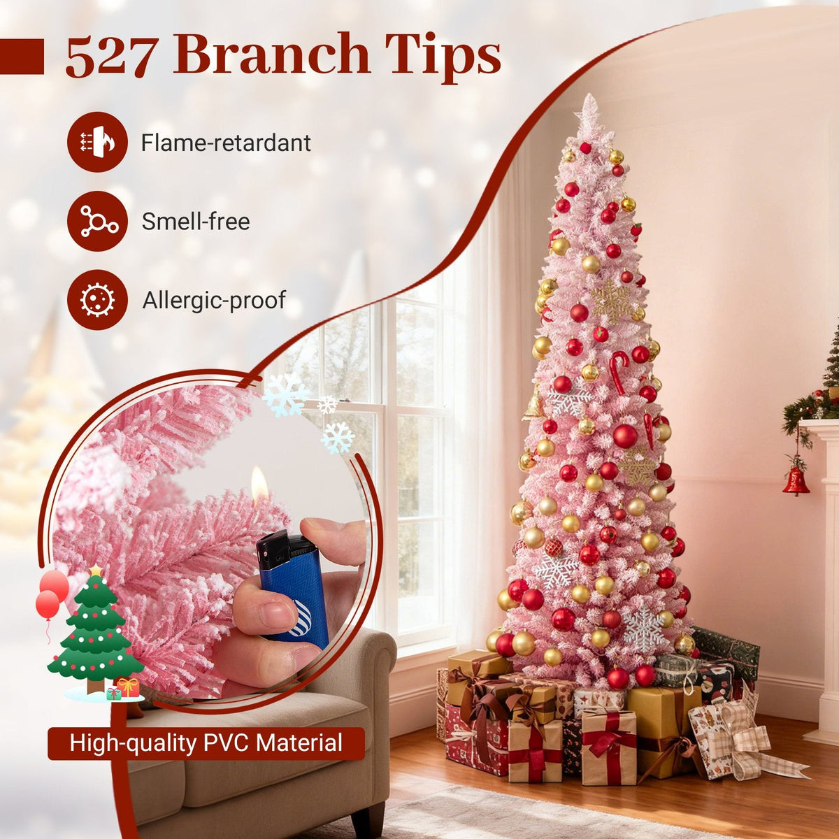 7 FT Pink Snow Flocked Pre-Lit Pencil Christmas Tree, 527 Tips, 180 Warm White LEDs, 8 Light Modes