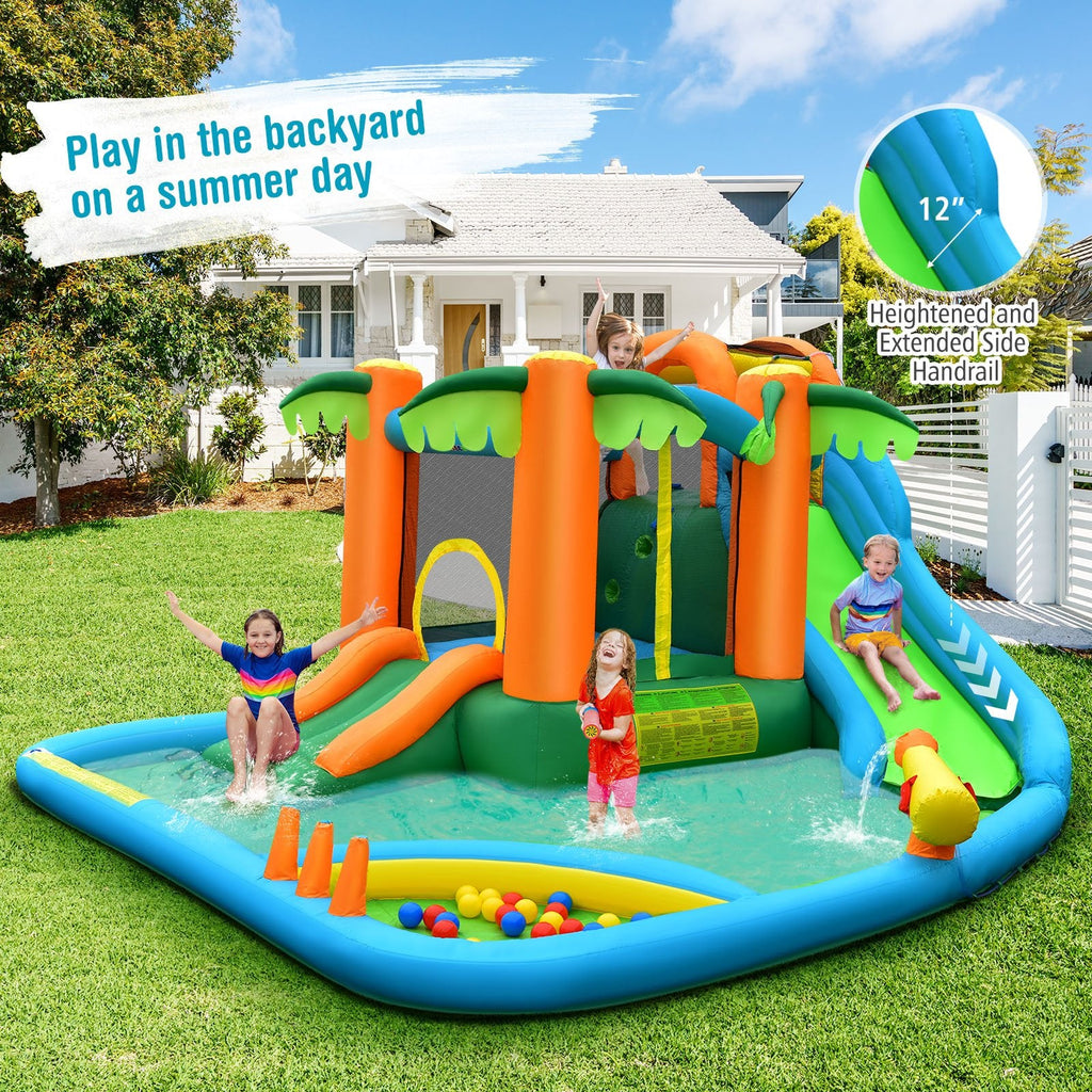 7-in-1 Palm Tree Inflatable Water Park with Trampoline, Ball Pit and 780W Blower