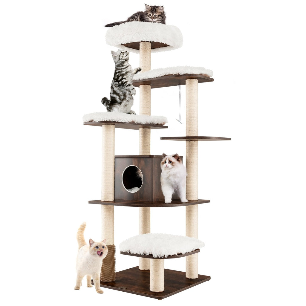 71 Inch Seven Tier Wooden Cat Tree with a Two Entrance Condo and Self Groomer