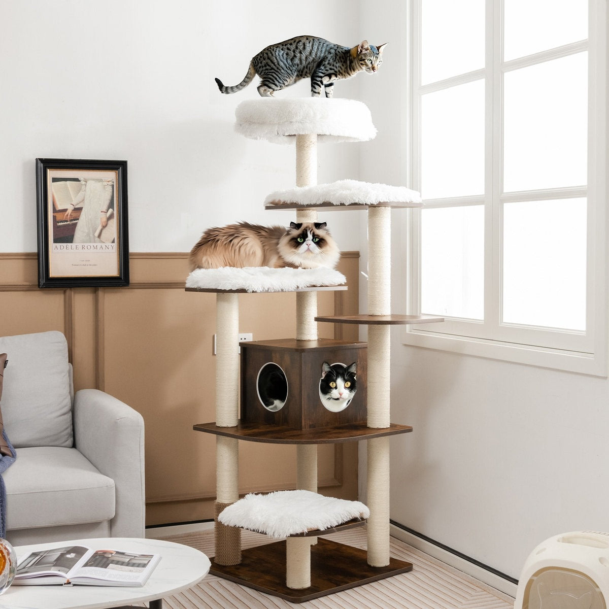 71 Inch Seven Tier Wooden Cat Tree with a Two Entrance Condo and Self Groomer