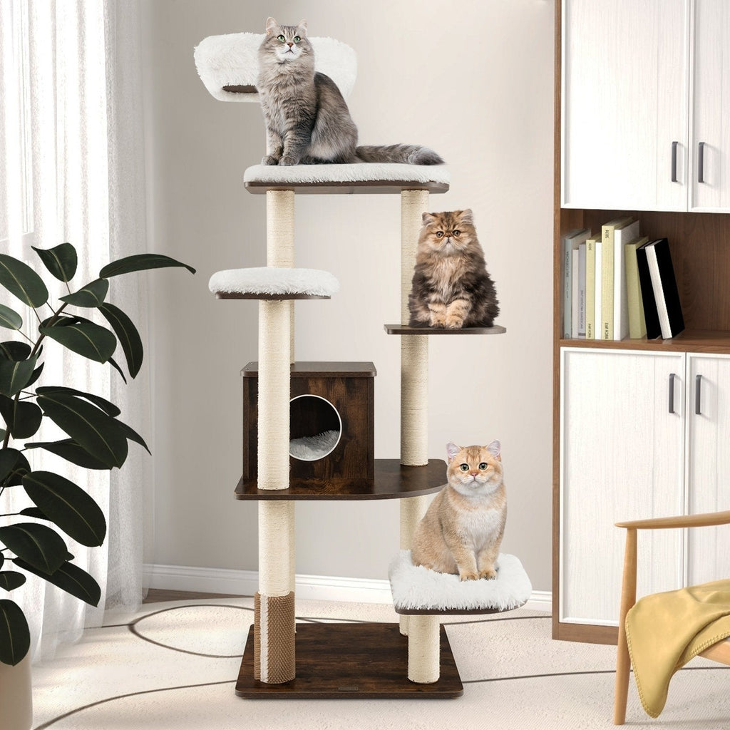 71 Inch Seven Tier Wooden Cat Tree with a Two Entrance Condo and Self Groomer