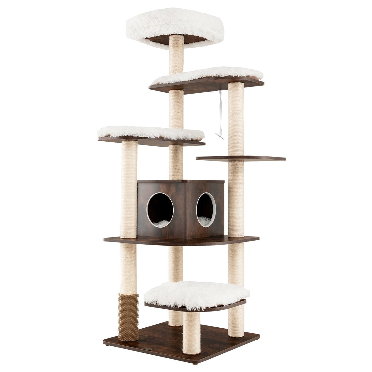 71 Inch Seven Tier Wooden Cat Tree with a Two Entrance Condo and Self Groomer