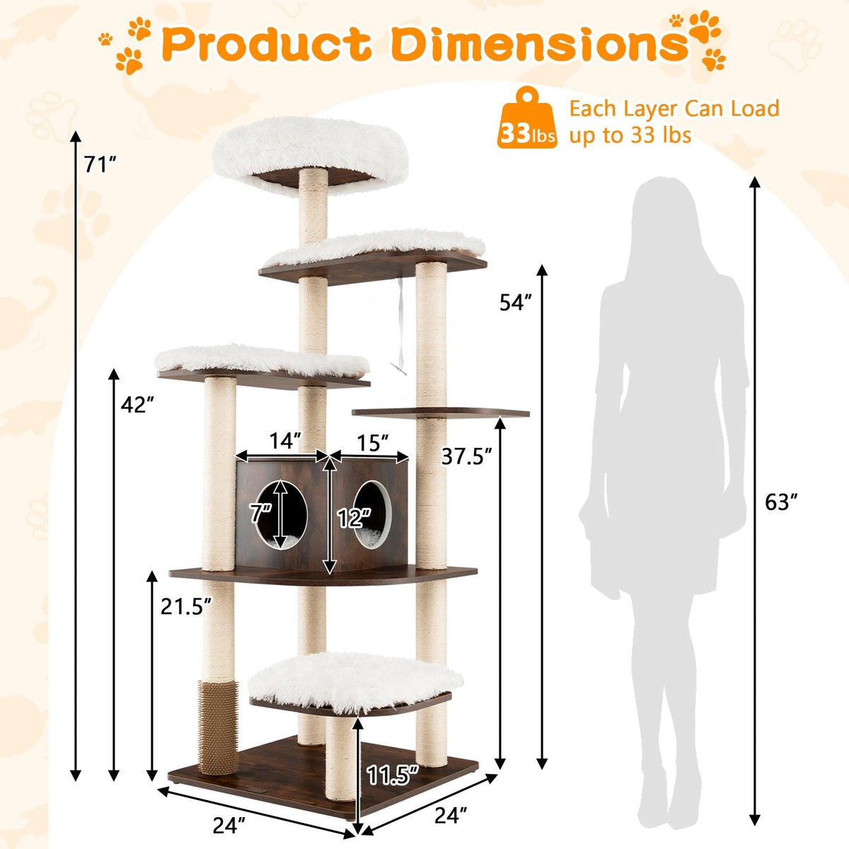 71 Inch Seven Tier Wooden Cat Tree with a Two Entrance Condo and Self Groomer