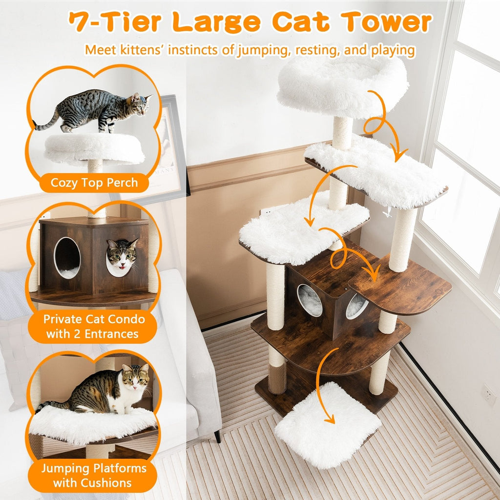 71 Inch Seven Tier Wooden Cat Tree with a Two Entrance Condo and Self Groomer