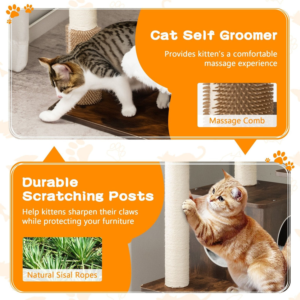 71 Inch Seven Tier Wooden Cat Tree with a Two Entrance Condo and Self Groomer