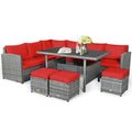 7 Piece Rattan Patio Sectional Dining Set, Corner Seating, Slatted Table and 3 Roped Stools, Red on Grey