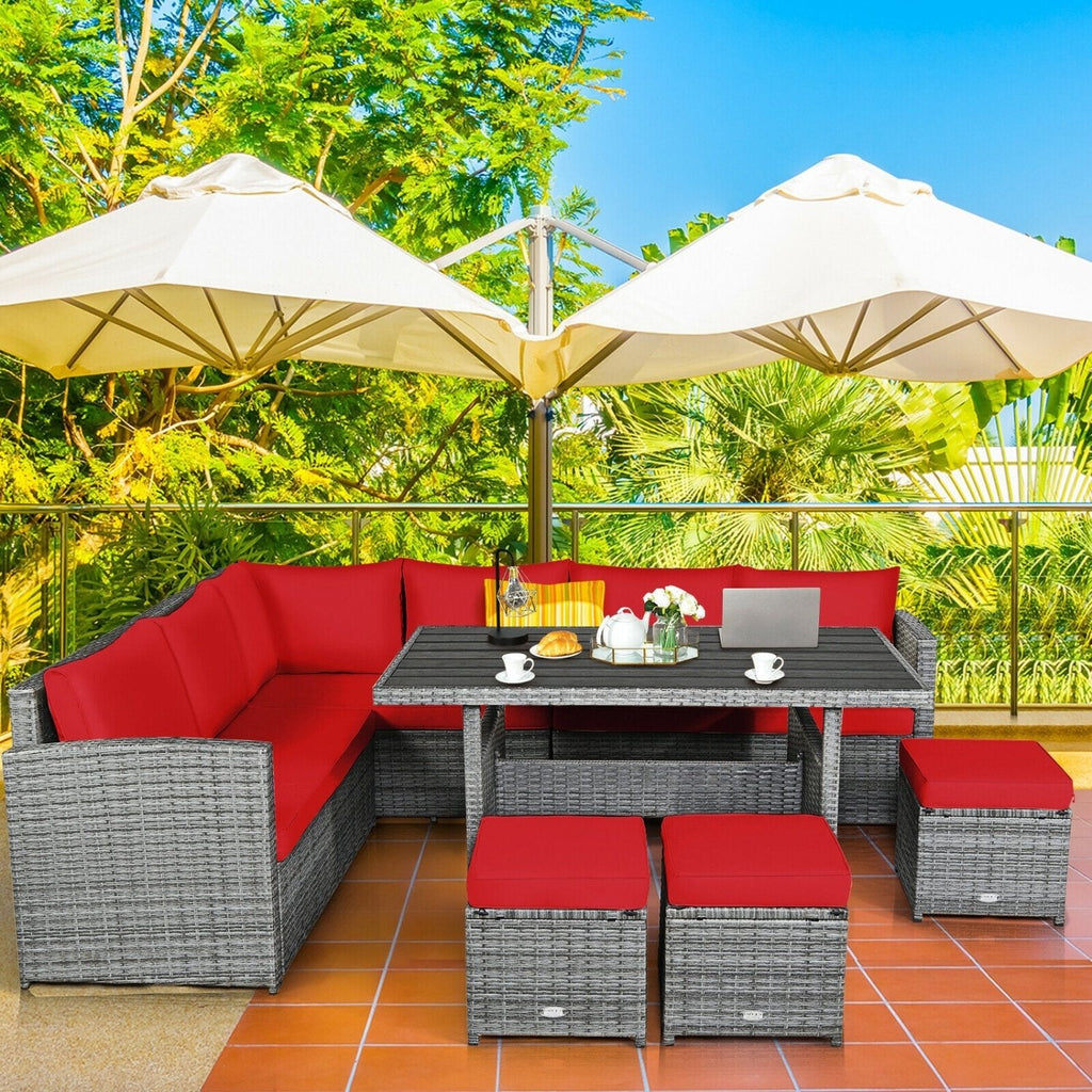7 Piece Rattan Patio Sectional Dining Set, Corner Seating, Slatted Table and 3 Roped Stools, Red on Grey