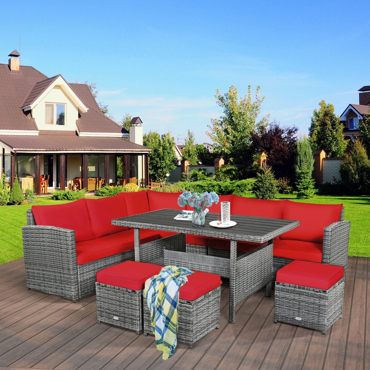 7 Piece Rattan Patio Sectional Dining Set, Corner Seating, Slatted Table and 3 Roped Stools, Red on Grey