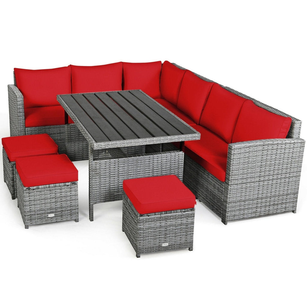 7 Piece Rattan Patio Sectional Dining Set, Corner Seating, Slatted Table and 3 Roped Stools, Red on Grey