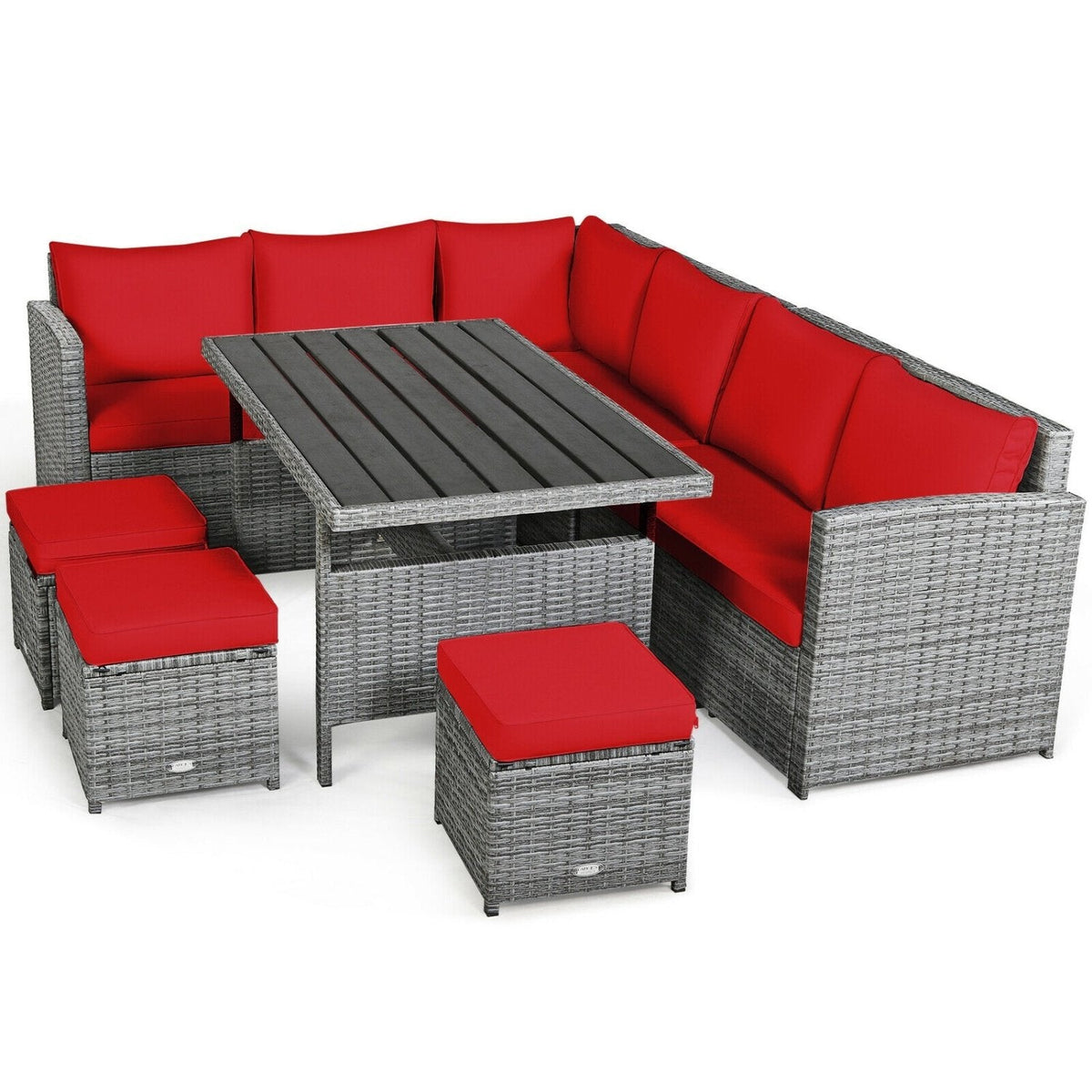 7 Piece Rattan Patio Sectional Dining Set, Corner Seating, Slatted Table and 3 Roped Stools, Red on Grey