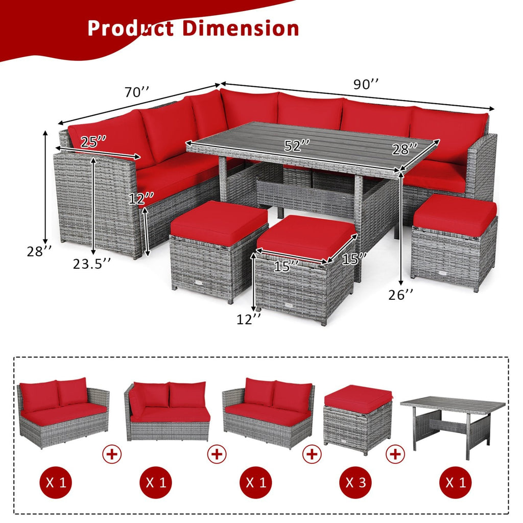 7 Piece Rattan Patio Sectional Dining Set, Corner Seating, Slatted Table and 3 Roped Stools, Red on Grey