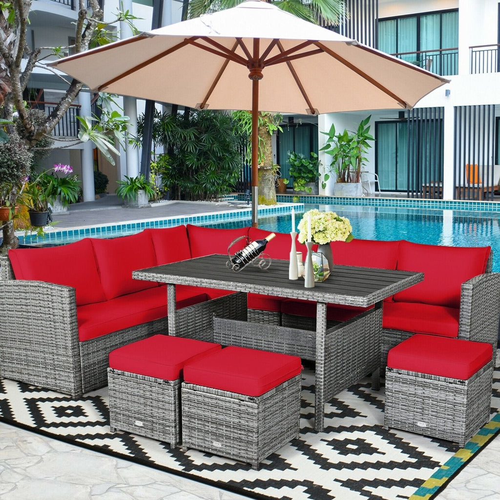 7 Piece Rattan Patio Sectional Dining Set, Corner Seating, Slatted Table and 3 Roped Stools, Red on Grey