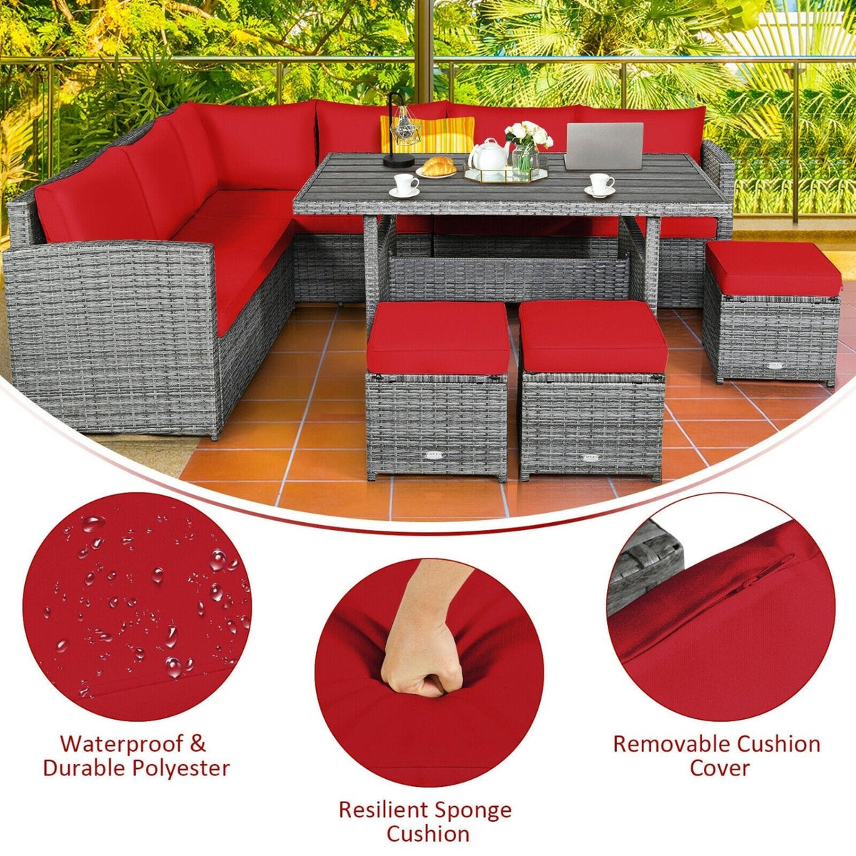 7 Piece Rattan Patio Sectional Dining Set, Corner Seating, Slatted Table and 3 Roped Stools, Red on Grey