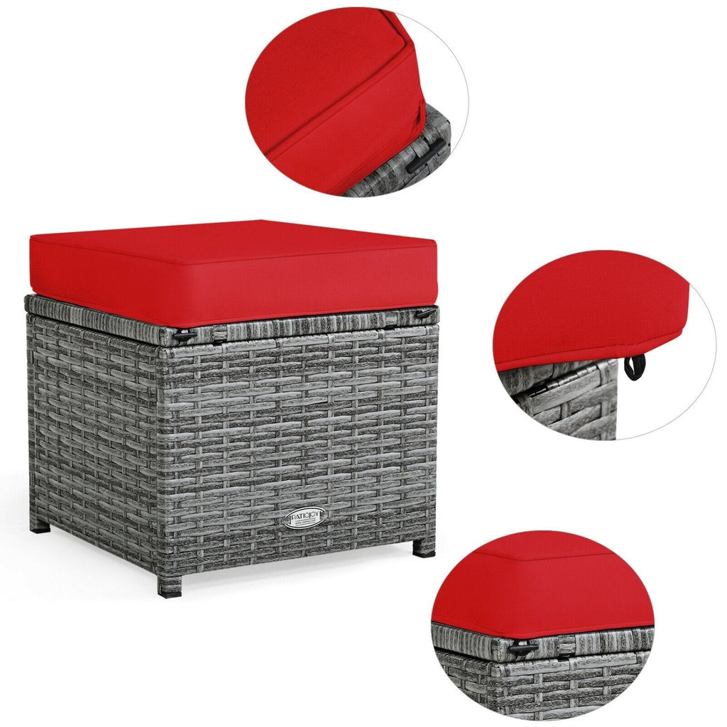 7 Piece Rattan Patio Sectional Dining Set, Corner Seating, Slatted Table and 3 Roped Stools, Red on Grey