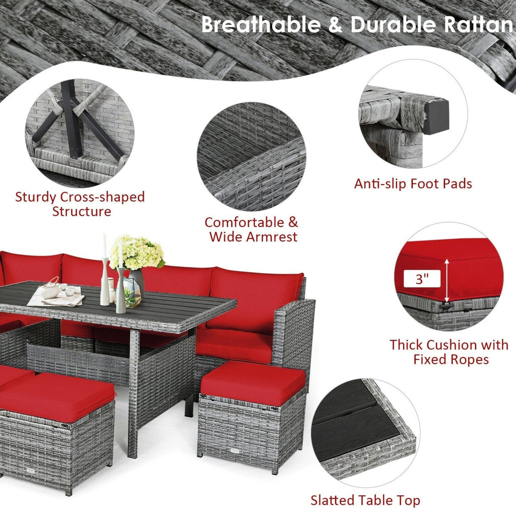 7 Piece Rattan Patio Sectional Dining Set, Corner Seating, Slatted Table and 3 Roped Stools, Red on Grey