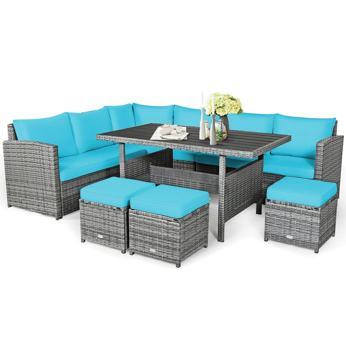 7 Piece Rattan Patio Sectional Set, Corner Seating, 52 Inch Slatted Table and 3 Hidden Stools, Turquoise