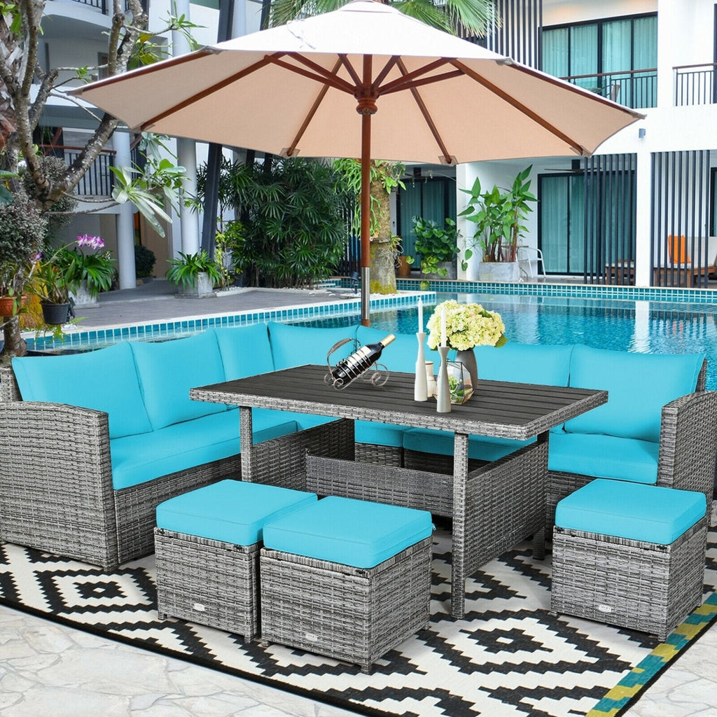 7 Piece Rattan Patio Sectional Set, Corner Seating, 52 Inch Slatted Table and 3 Hidden Stools, Turquoise
