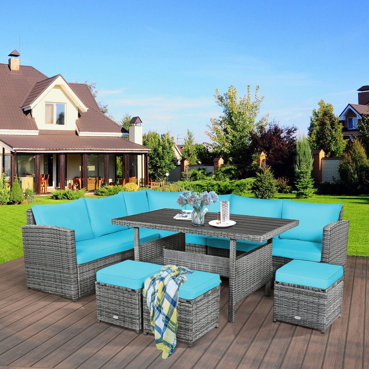7 Piece Rattan Patio Sectional Set, Corner Seating, 52 Inch Slatted Table and 3 Hidden Stools, Turquoise