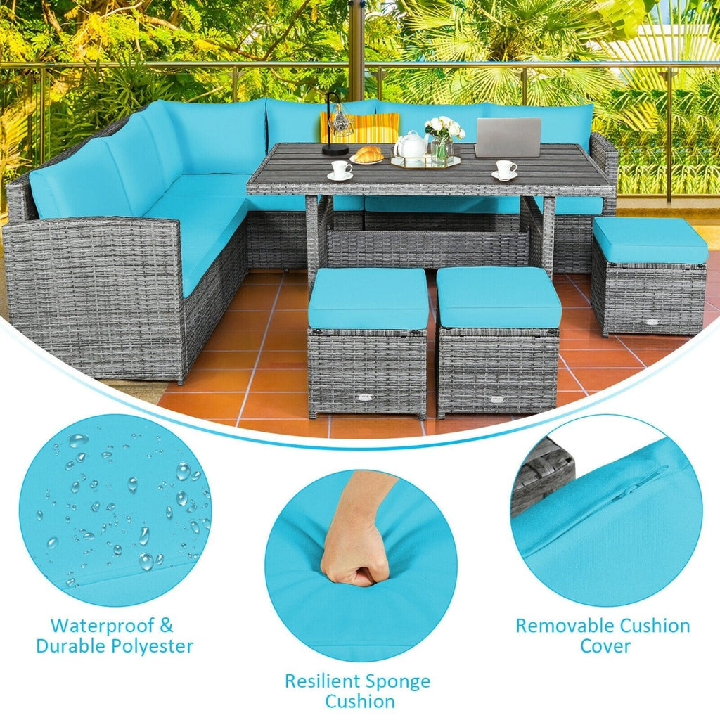 7 Piece Rattan Patio Sectional Set, Corner Seating, 52 Inch Slatted Table and 3 Hidden Stools, Turquoise