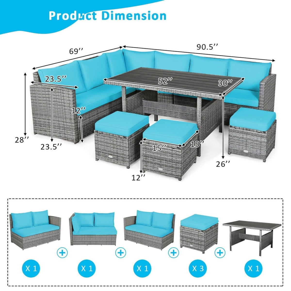 7 Piece Rattan Patio Sectional Set, Corner Seating, 52 Inch Slatted Table and 3 Hidden Stools, Turquoise