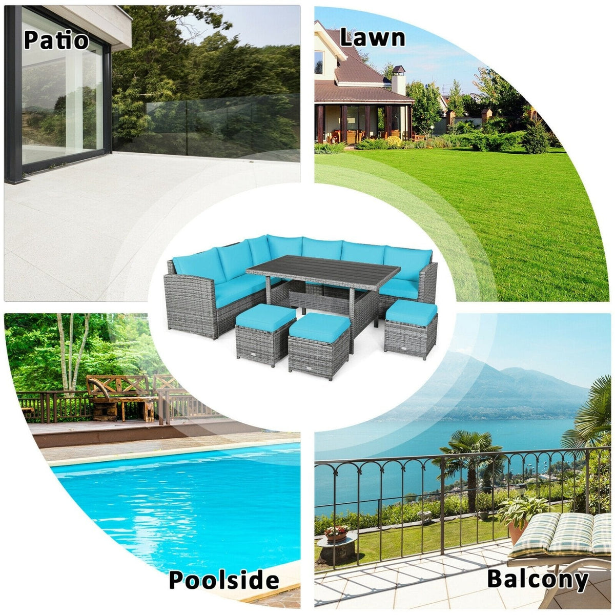 7 Piece Rattan Patio Sectional Set, Corner Seating, 52 Inch Slatted Table and 3 Hidden Stools, Turquoise