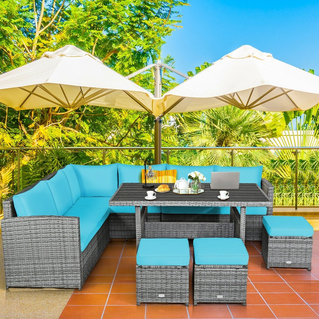 7 Piece Rattan Patio Sectional Set, Corner Seating, 52 Inch Slatted Table and 3 Hidden Stools, Turquoise