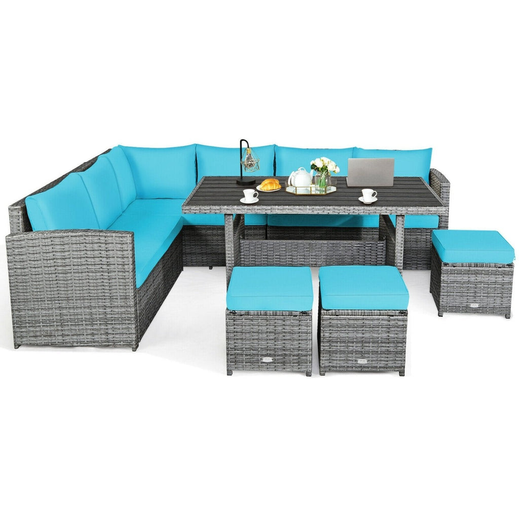 7 Piece Rattan Patio Sectional Set, Corner Seating, 52 Inch Slatted Table and 3 Hidden Stools, Turquoise