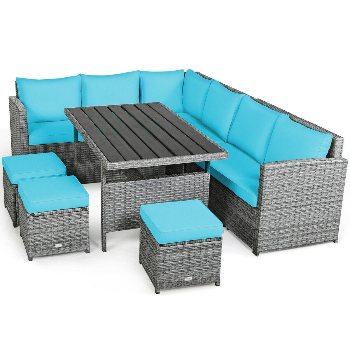 7 Piece Rattan Patio Sectional Set, Corner Seating, 52 Inch Slatted Table and 3 Hidden Stools, Turquoise