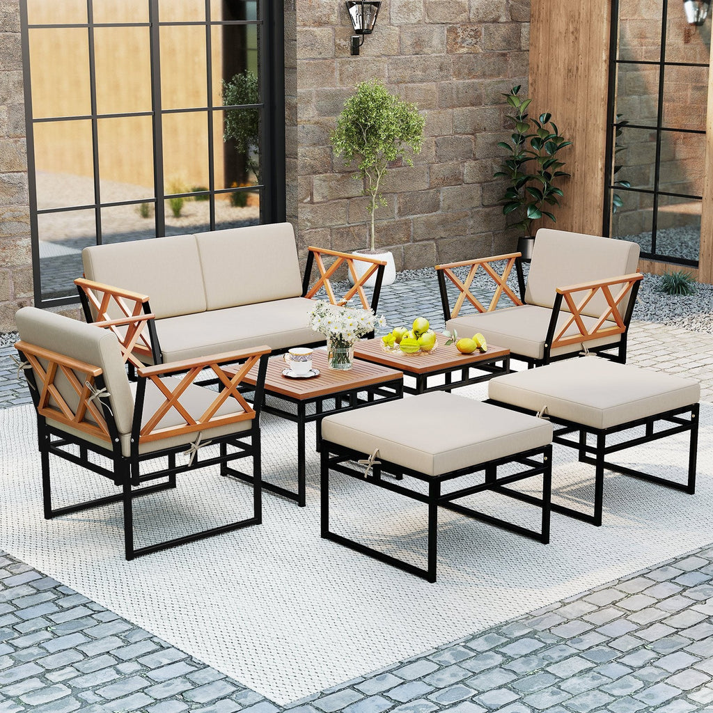 7 Piece Metal and Acacia Patio Conversation Set with Bungee Rope Seats, 2 Ottomans and 2 Tables, Beige
