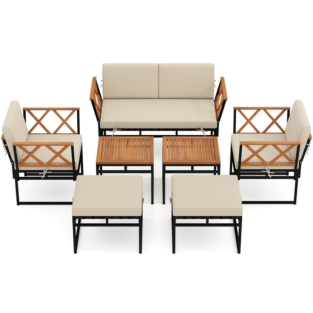 7 Piece Metal and Acacia Patio Conversation Set with Bungee Rope Seats, 2 Ottomans and 2 Tables, Beige