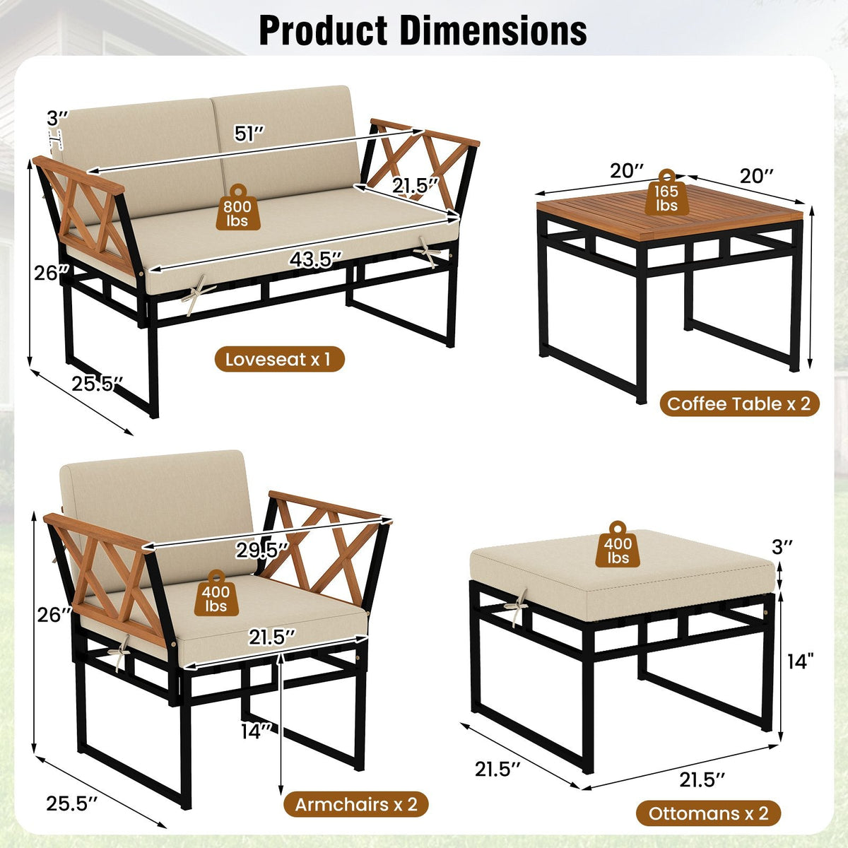 7 Piece Metal and Acacia Patio Conversation Set with Bungee Rope Seats, 2 Ottomans and 2 Tables, Beige