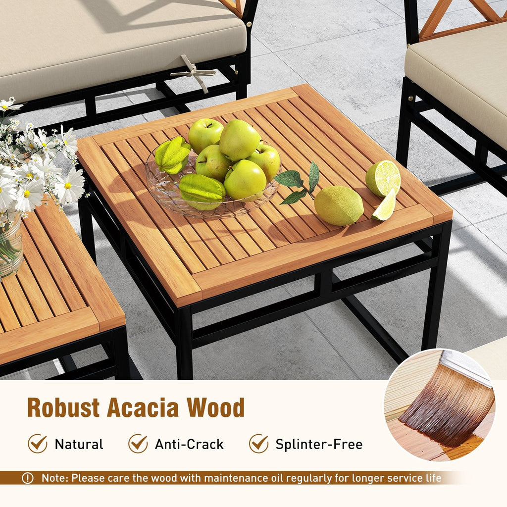 7 Piece Metal and Acacia Patio Conversation Set with Bungee Rope Seats, 2 Ottomans and 2 Tables, Beige