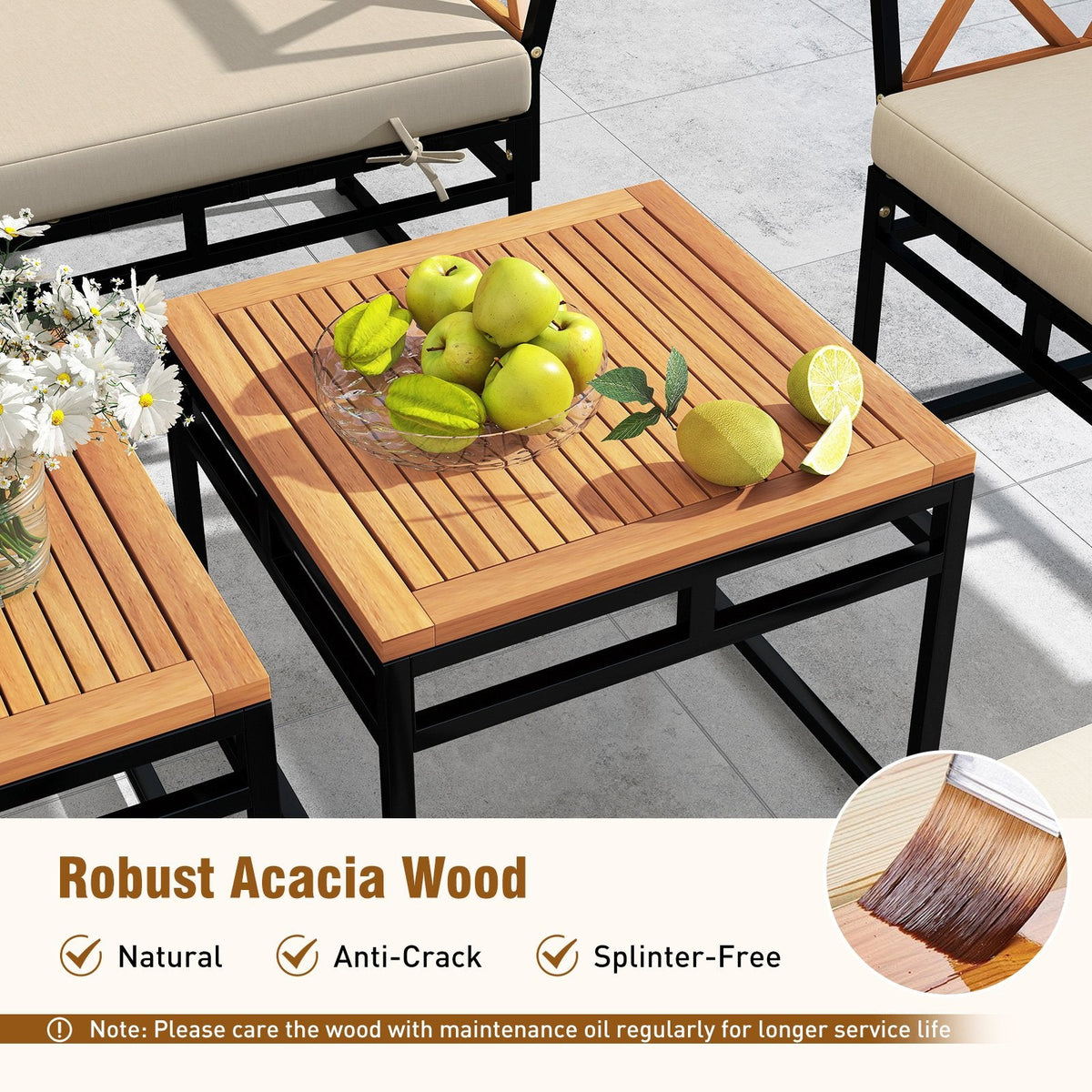 7 Piece Metal and Acacia Patio Conversation Set with Bungee Rope Seats, 2 Ottomans and 2 Tables, Beige
