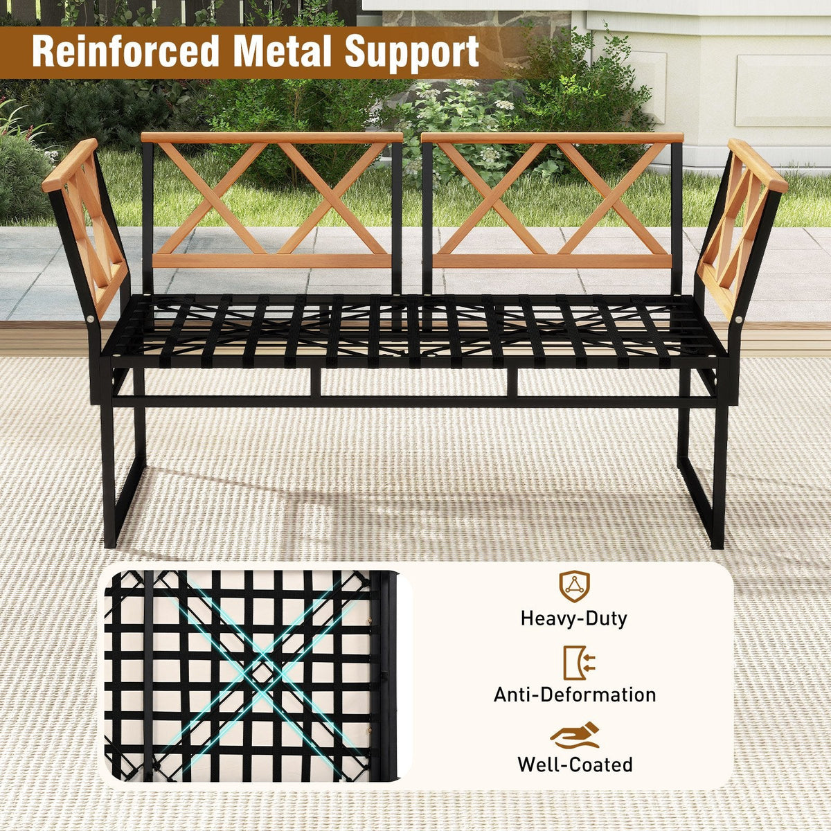 7 Piece Metal and Acacia Patio Conversation Set with Bungee Rope Seats, 2 Ottomans and 2 Tables, Beige