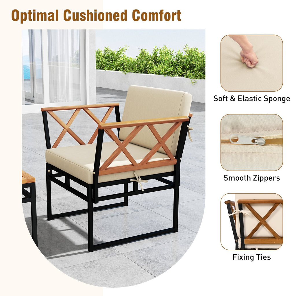 7 Piece Metal and Acacia Patio Conversation Set with Bungee Rope Seats, 2 Ottomans and 2 Tables, Beige