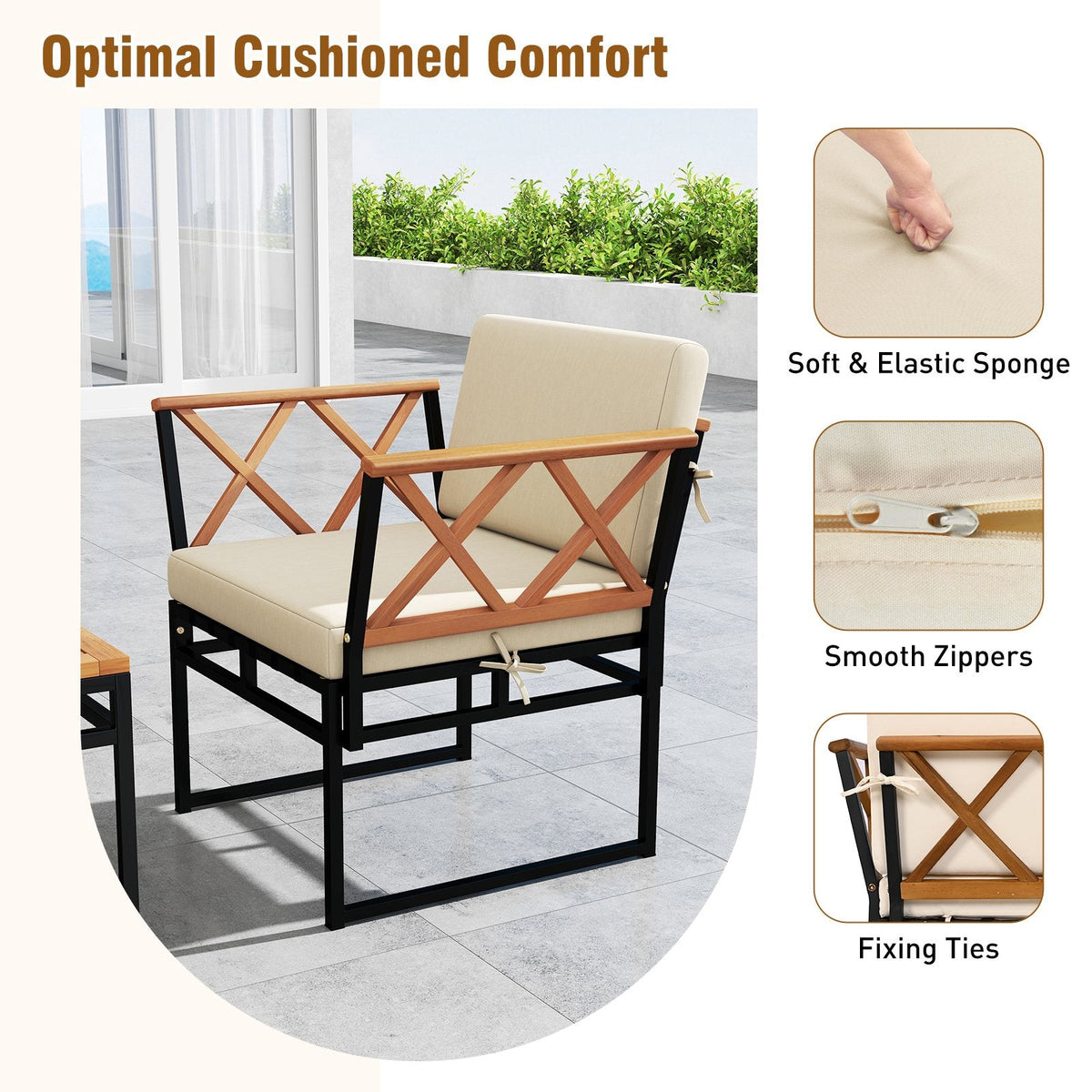 7 Piece Metal and Acacia Patio Conversation Set with Bungee Rope Seats, 2 Ottomans and 2 Tables, Beige