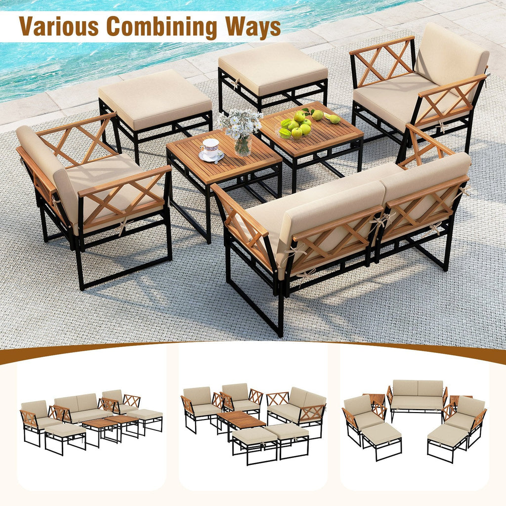 7 Piece Metal and Acacia Patio Conversation Set with Bungee Rope Seats, 2 Ottomans and 2 Tables, Beige