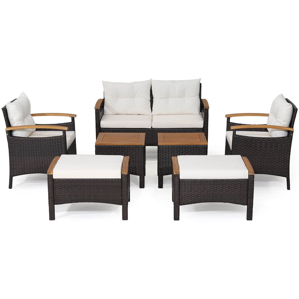 7 Piece Wicker Patio Conversation Set with Acacia Armrests, 2 Ottomans and 2 Side Tables, Off White