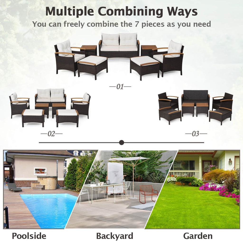 7 Piece Wicker Patio Conversation Set with Acacia Armrests, 2 Ottomans and 2 Side Tables, Off White