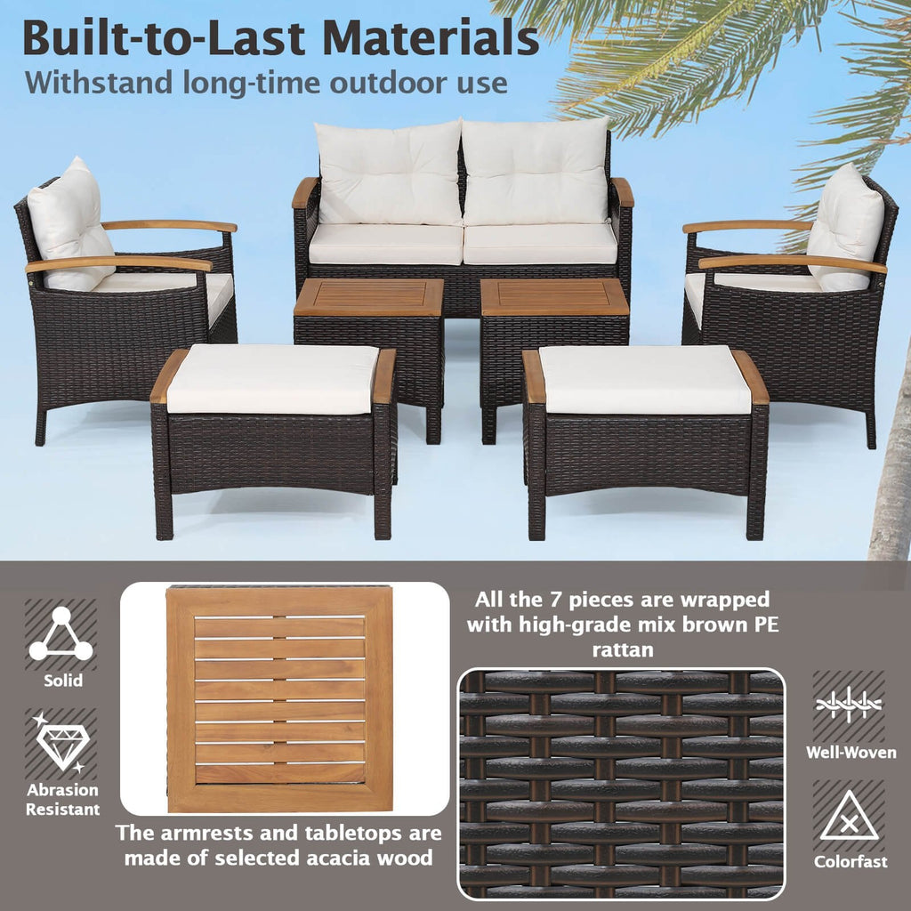 7 Piece Wicker Patio Conversation Set with Acacia Armrests, 2 Ottomans and 2 Side Tables, Off White